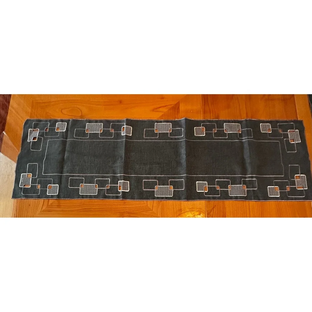 MCM Geometric Embroidered Tablecloth and Runner Set Charcoal Grey Square 33x33